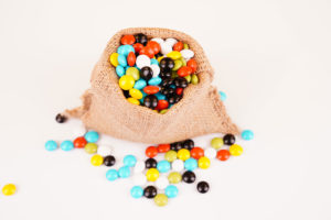 Sack bag of sugar coated chocolate stock image
